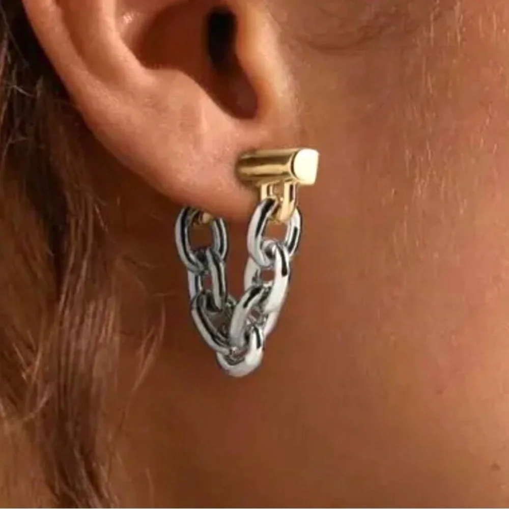 Chunky Chain-Link Earrings Front Back Two Tone Barbel Paco Rabanne STYLE JA31 - Picture 4 of 6